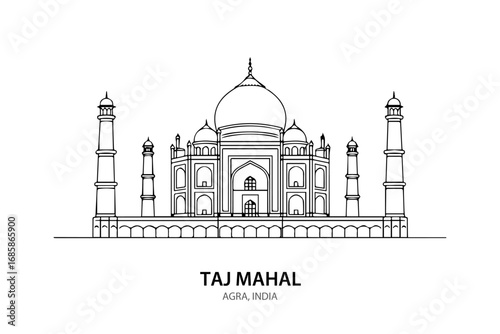 Taj Mahal Agra Vector Line Art Illustration on White Background – Famous Indian Monument Outline