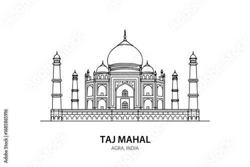 Taj Mahal Agra Vector Line Art Illustration on White Background – Famous Indian Monument Outline