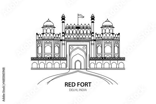 Red Fort Delhi Vector Line Art Illustration on White Background – Famous Indian Monument Outline