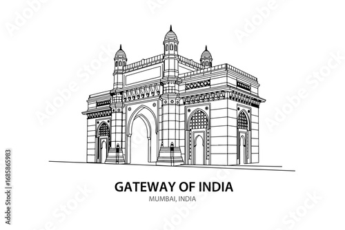 Gateway of India Mumbai Vector Line Art Illustration on White Background – Famous Indian Monument Outline