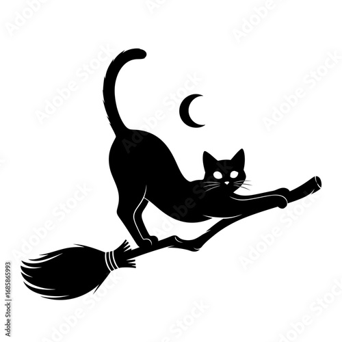 Vector art of black cat flying on a broom with moon