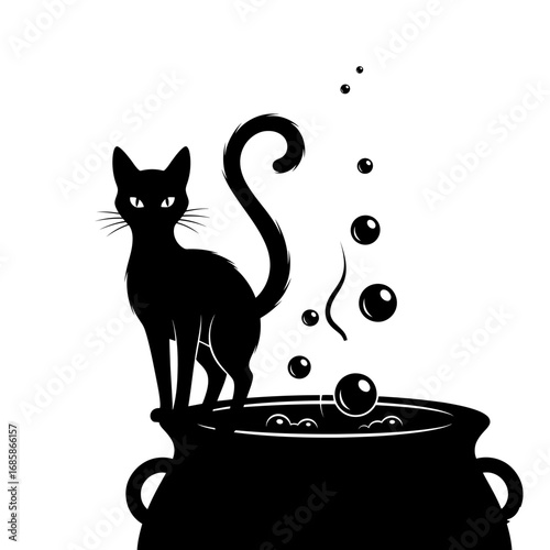 Vector art of charming black cat sitting on a witchs cauldron, with bubbles rising up