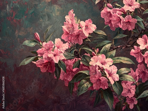 Pink rhododendron blooms on dark background