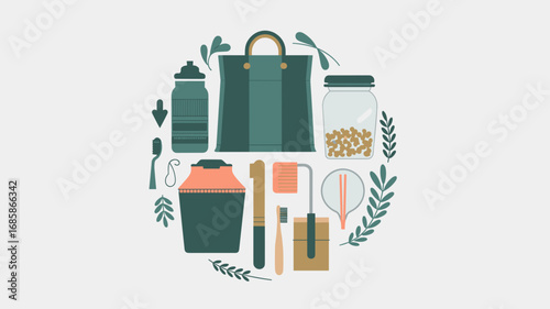 Flat vector layout of zero waste lifestyle items arranged in circle with bag jar and toothbrush