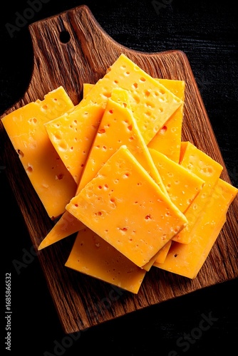 Cheddar cheese slices are neatly arranged on a wooden cutting board, showcasing vibrant yellow color and texture, ideal for a cooking demonstration or cheese platter