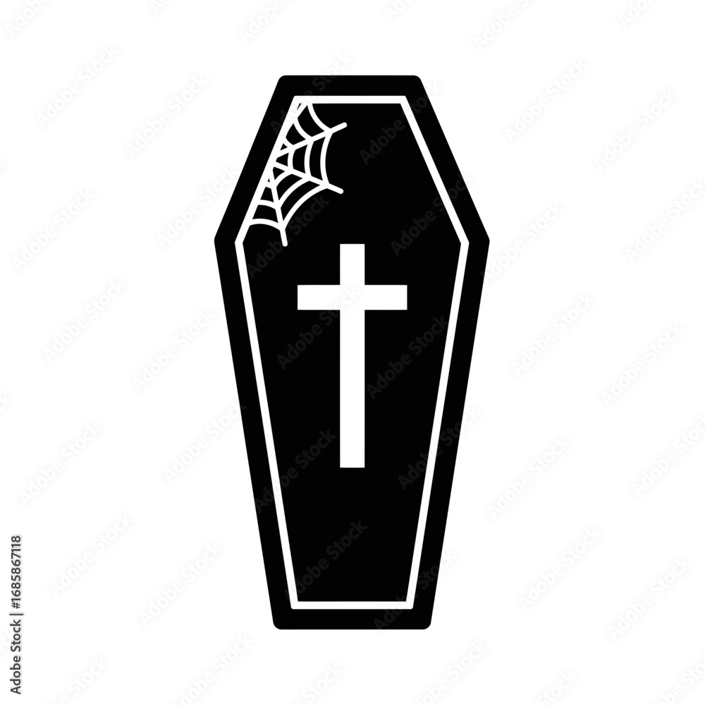 Obraz premium Vector art of black coffin with cross and spiderweb for halloween celebration