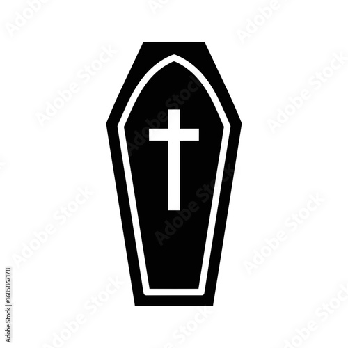 Illustration of a black coffin with a white cross, representing death and burial