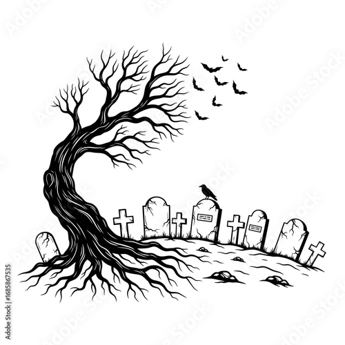 Vector art of eerie graveyard scene featuring a twisted tree, tombstones, bats, and a crow, vector design