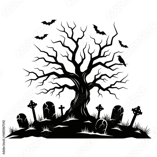 Vector art of eerie halloween scene featuring a bare tree, gravestones, bats, and a crow