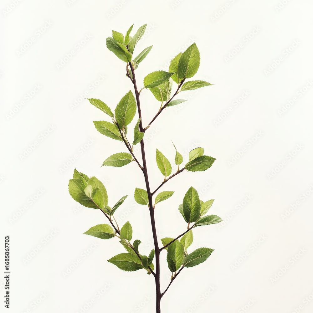 Fototapeta premium Single green branch with leaves on white.