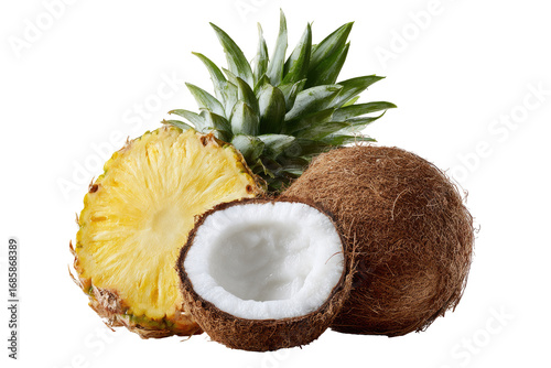 Fresh pineapple and coconut halves.  