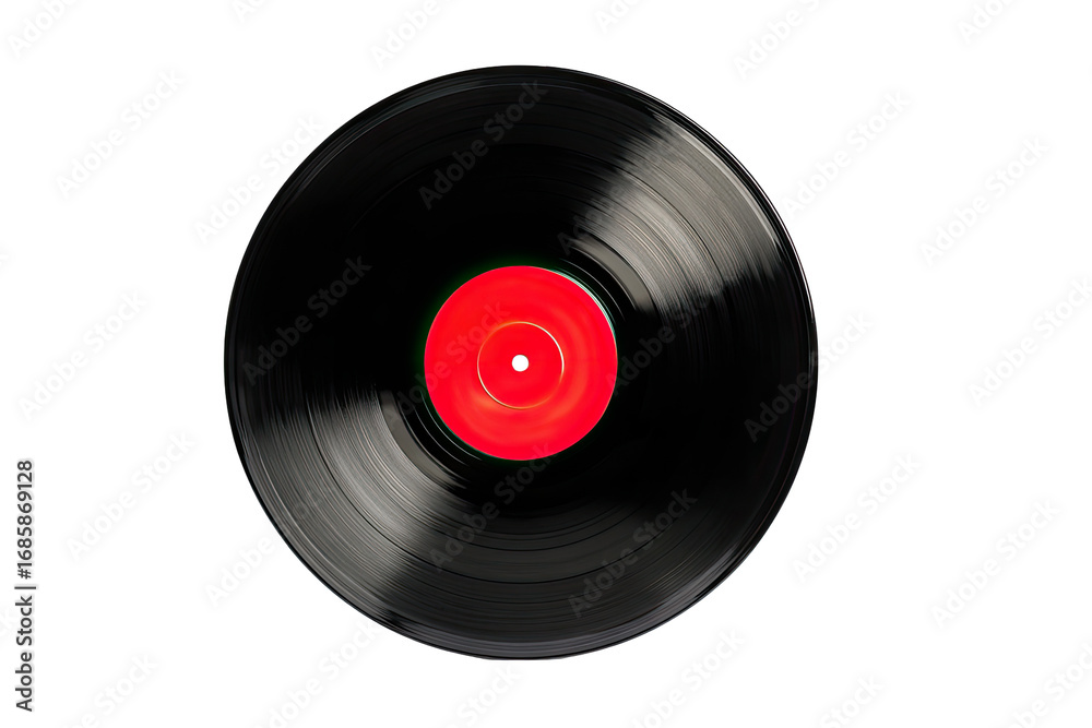 Obraz premium Close-up of a black vinyl record with a bright red label (2)