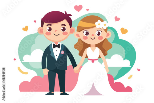 Cute Cartoon Bride and Groom Holding Hands Vector Art