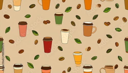 Wallpaper Mural A delightful pattern showcasing various coffee cups in warm colors, interspersed with coffee beans and leaves, creating a comforting and inviting design. Torontodigital.ca