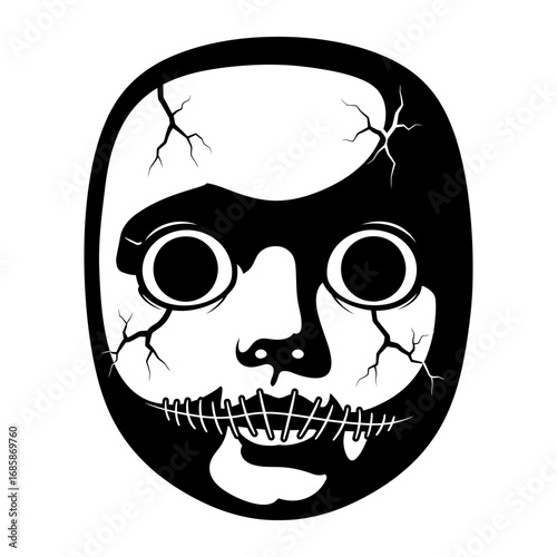 Vector art of creepy doll mask with cracked face for halloween or horror concept