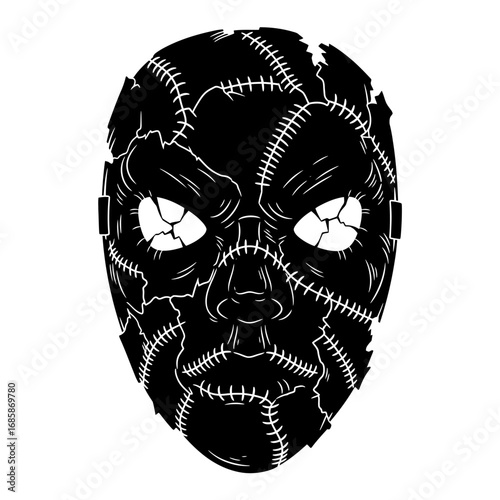 Vector art of creepy stitched mask, a haunting visage pieced together with dark stitches and menacing eyes