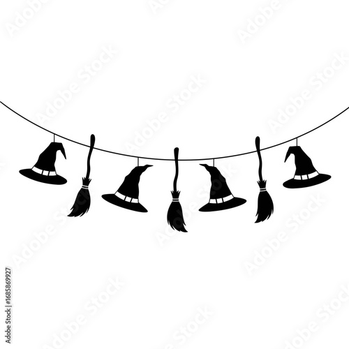 Vector art of halloween garland featuring witch hats and brooms for a festive decoration