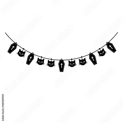 Vector art of halloween garland featuring black cat faces and coffins for spooky decoration