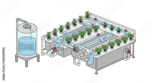 Isometric hydroponic system with growing plants and water flow diagram