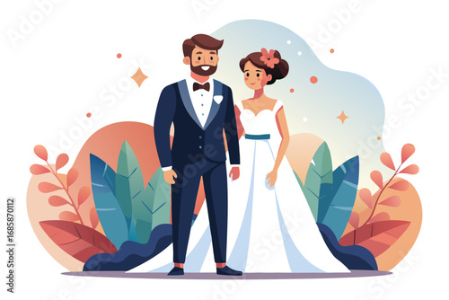 Cute Cartoon Bride and Groom Holding Hands Vector Art