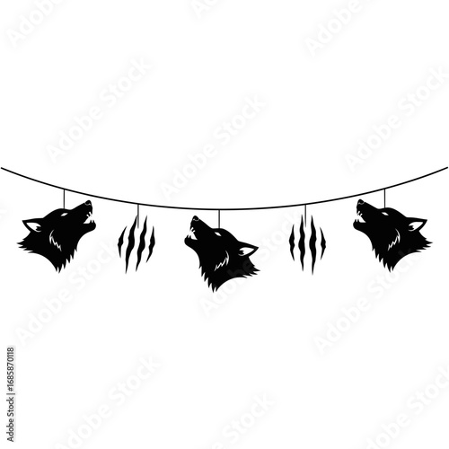 Vector art of silhouette of a wolf head and claw mark garland, perfect for halloween decoration