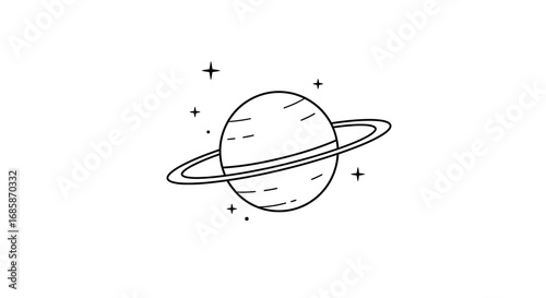 Minimalist planet with rings and stars in black and white line art