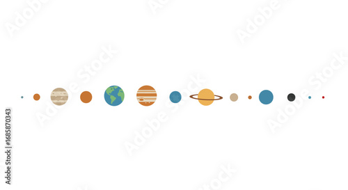 Minimalist solar system planets aligned on white background