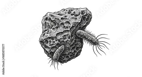 Detailed black and white drawing of microbes on textured rock surface