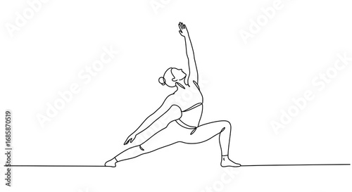 Continuous line art of woman practicing yoga pose in minimalist style