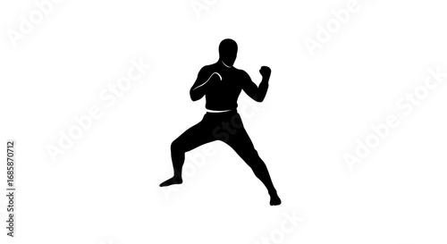 Silhouette of a fighter in boxing stance on white background