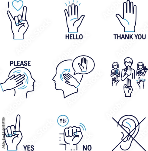 Two-Color Line Art Vector Icons for Sign Language and Communication Rights.