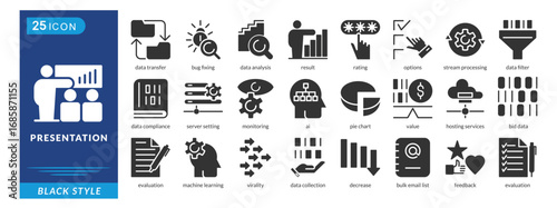 Presentation icon set in black style, featuring Backup, Feedback, Big Data, Bug Fixing, AI, Results, Ratings, and Options.