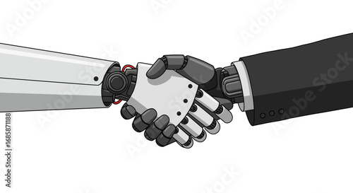 Futuristic robot and human handshake in flat design