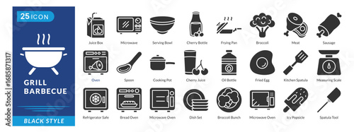 Grill Barbecue icon set in black style, featuring Frying Pan, Meat, Sausage, Oven, Cooking Pot, Broccoli, Oil Bottle, and Fried Egg.