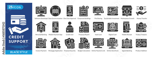Credit Support icon set in black style, featuring Data Sync, Credit User, File Sharing, Digital Cash, Money Transfer, and Credit Tools.
