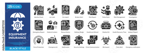 Equipment Insurance icon set in black style, featuring Identity Check, Car Crash, Fire Report, Risk Management, and Rescue Notices.