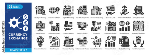 Currency Exchange icon set in black style, featuring Global Investment, Asset Management, Digital Marketing, and Financial Accounting.