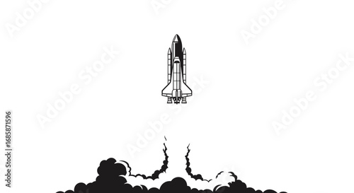 Silhouette of rocket launch with dramatic smoke against white background