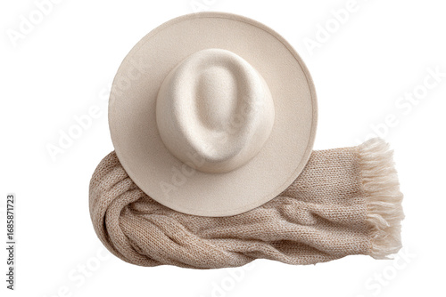 A cream-colored fedora hat and a matching scarf lie atop one another