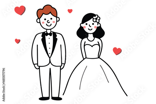 Cute Cartoon Bride and Groom Holding Hands Vector Art