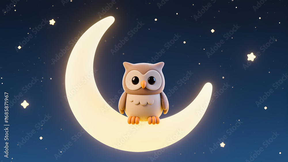 Fototapeta premium Clay Style Owl Sitting on Crescent Moon