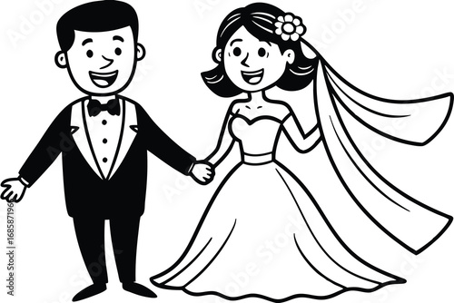 Cute Cartoon Bride and Groom Holding Hands Vector Art