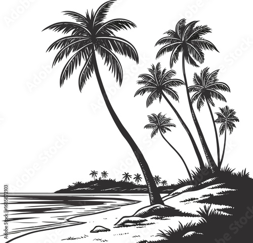 Vector tropical design of palm tree silhouettes on a sunset beach