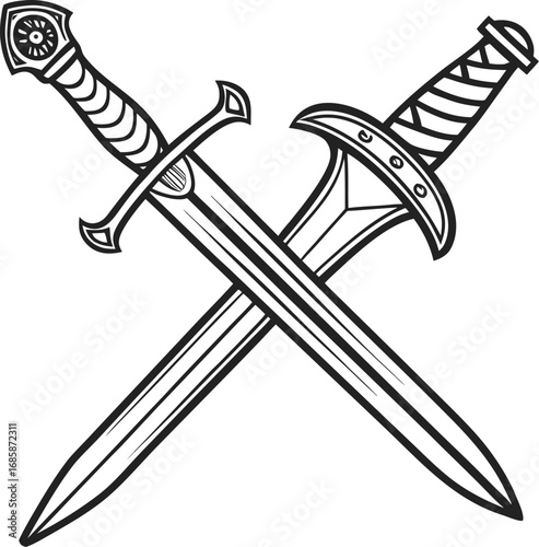 Antique, crossed swords with sharp blades, vector illustration of a medieval weapon