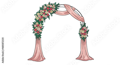 Elegant floral wedding arch with pink drapes