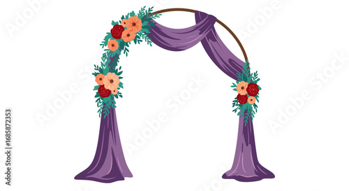Elegant floral wedding arch with purple drapes and roses