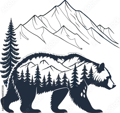 Vector illustration of a wild bear in the forest, a silhouette of a mammal