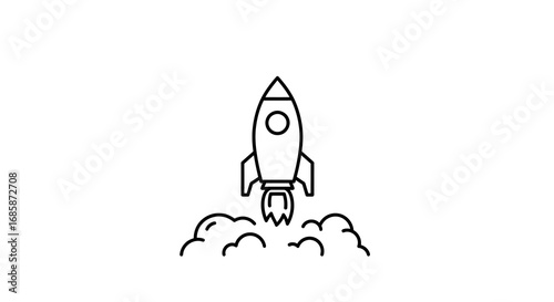 Linear rocket launch outline with clouds on white background