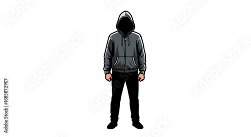 Mysterious hoodie figure in dark clothing on a solid background