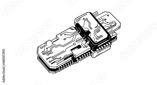 Futuristic electronic circuit connector in monochrome style